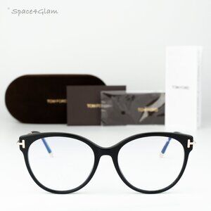 Tom Ford Women Eyeglasses Black Rose Gold Blue Light Block Round FT5770 001 NEW